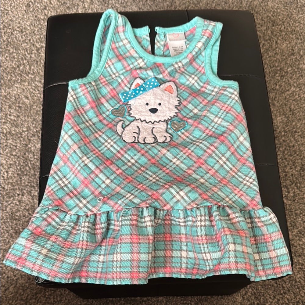 Youngland Plaid Dress with Puppy Design - Pink and Teal